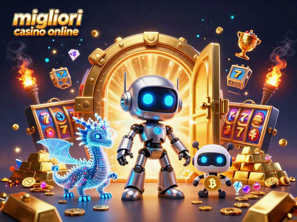 Migliori casino online: emozionanti slot e jackpot con robot e drago digitale in un'illustrazione 3D vivace.
