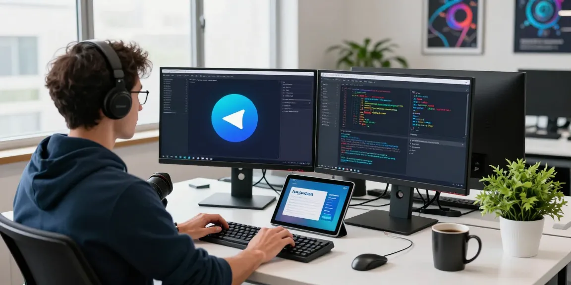 Dynamic workspace showcasing Telegram下载 coding and development tools in a vibrant tech environment.