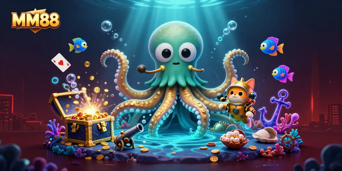 Experience MM88 adventure with a kraken, diver, and glowing ocean treasures in this vibrant casino scene.