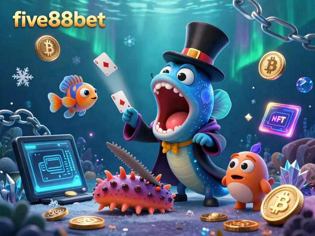 Experience the magic of five88bet with a 3D deep-sea casino scene featuring unique aquatic characters performing card tricks.