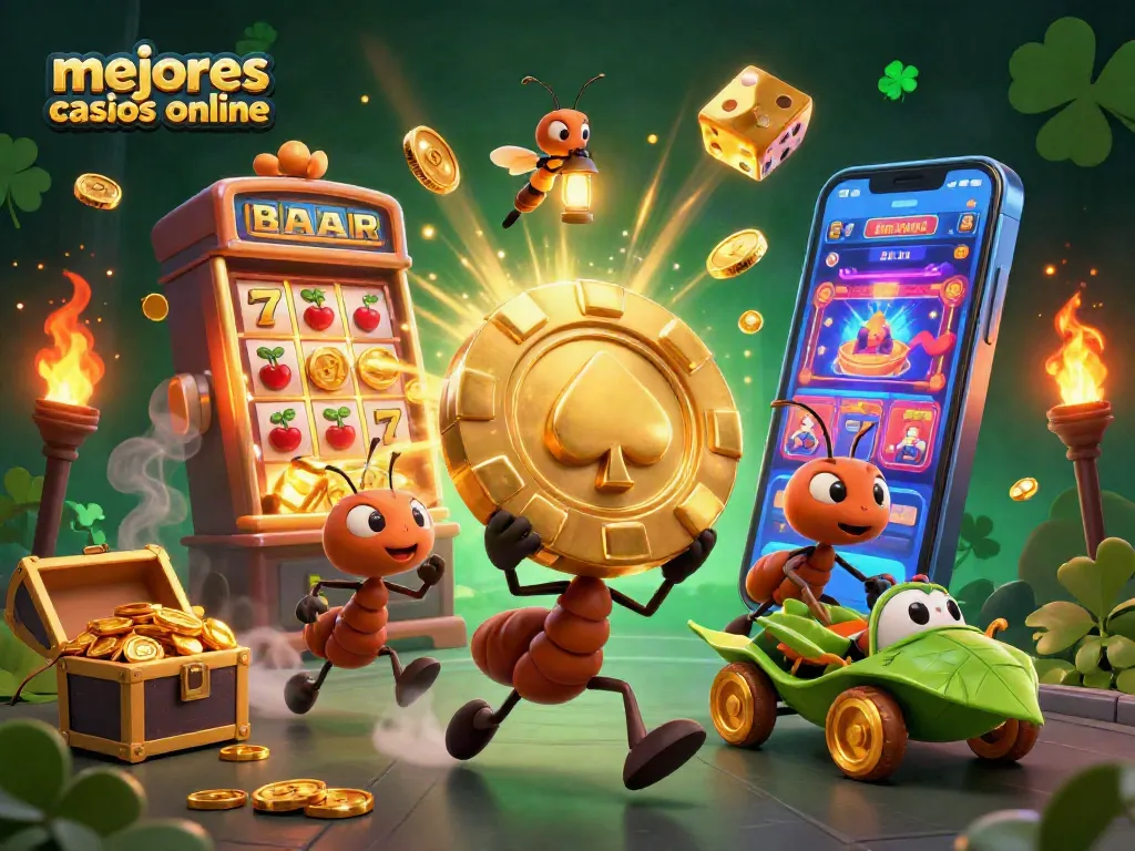 Visualiza los mejores casinos online mientras un equipo de hormigas lleva fichas de oro en un túnel.