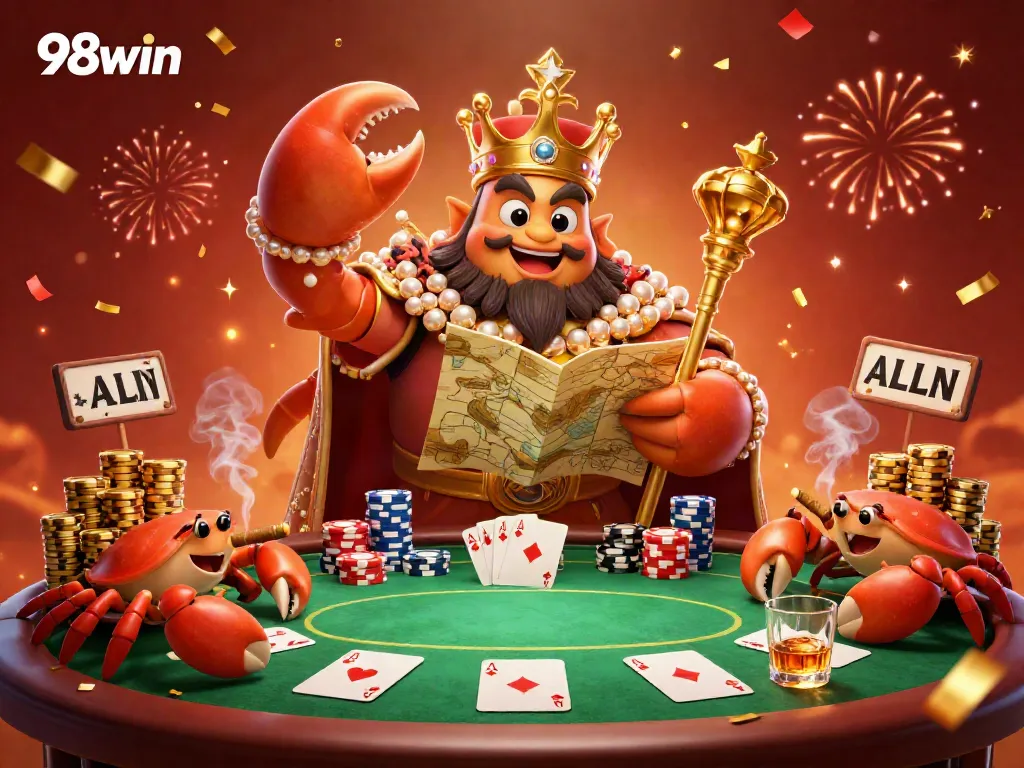Experience vibrant gaming action with 98win's golden crab emperor ruling a dynamic poker scene.