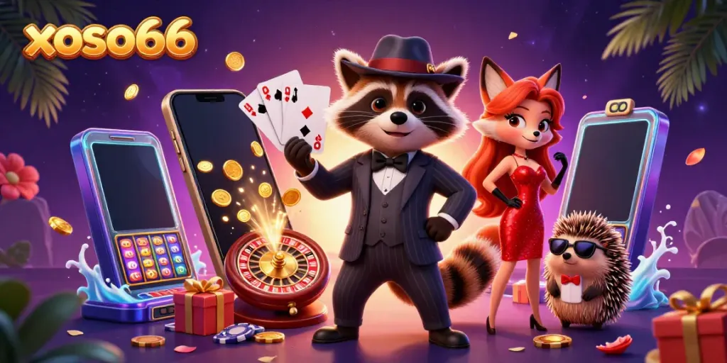 Experience the thrill of xoso66 with animated characters and vibrant casino elements in a dynamic scene.