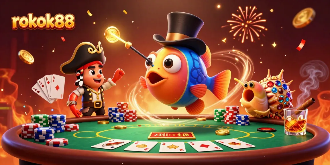 Engage with rokok88's thrilling deep-sea poker adventure featuring vibrant characters and casino elements.
