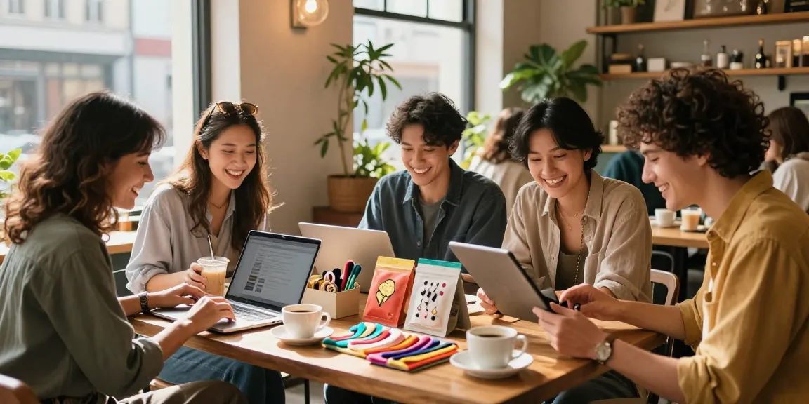 Friends enjoying the rokok88 login process while browsing local products at a café.