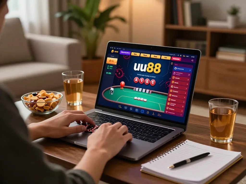 Player enjoying a dynamic poker game on uu88 casino's online platform in a cozy home setting.