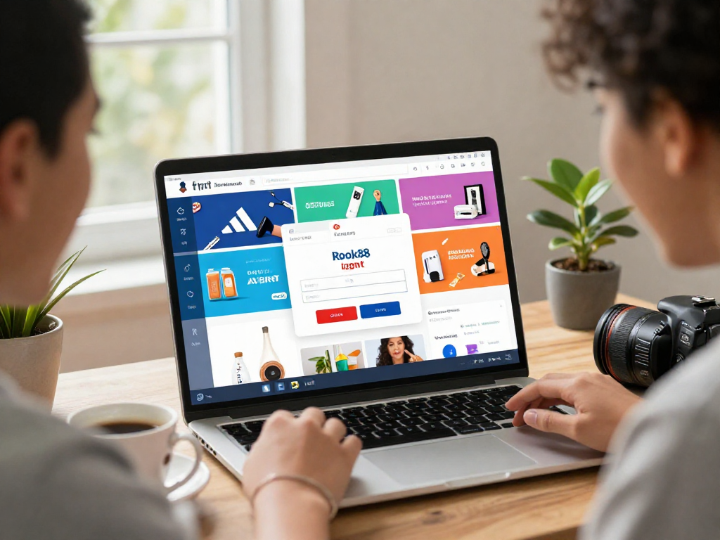 User engaging with rokok88 login screen in a vibrant home office.
