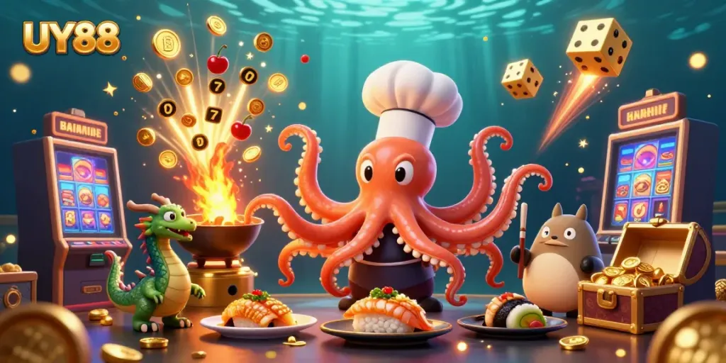 Experience the excitement of UY88 with vibrant characters and games in a dynamic casino scene.