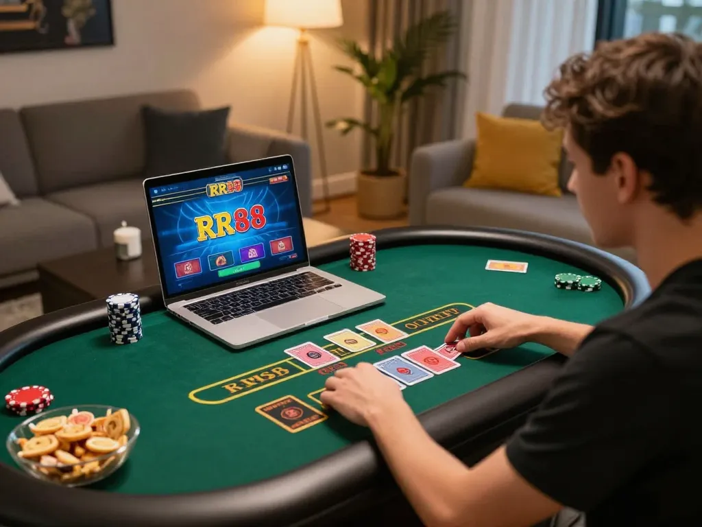 Experience online gambling thrills at RR88 with live dealer games on a laptop in a cozy setting