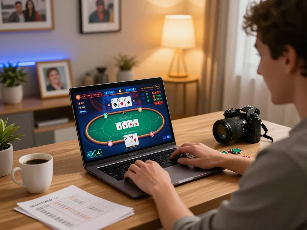 Engaged player enjoying online poker at home, showcasing sunwin gameplay strategy.