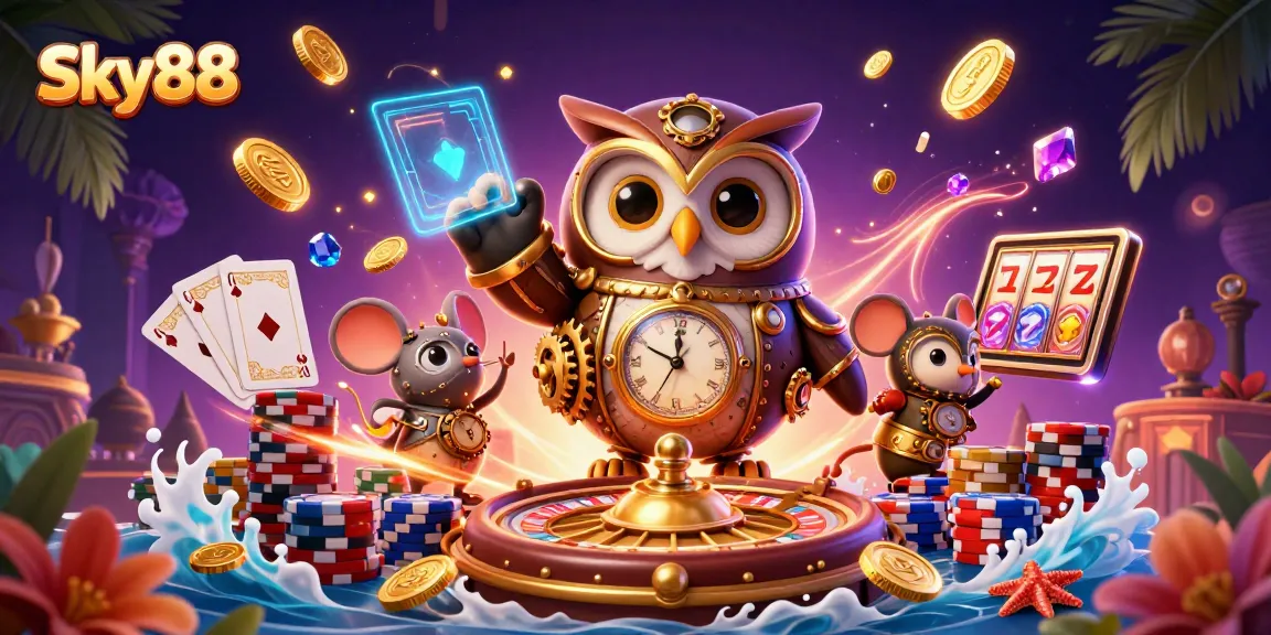 Enjoy thrilling games at Sky88 with 3D owl and mouse in a vibrant, magical casino scene.