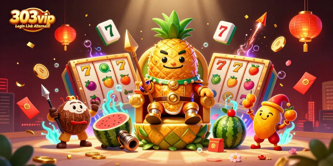 Engage with exciting games at 303vip Login Link Alternatif featuring vibrant casino elements in a dynamic illustration.