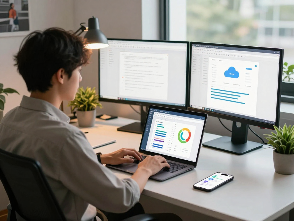 WPS Office下载演示的现代工作空间,年轻专业人士在使用笔记本电脑,环境舒适明亮