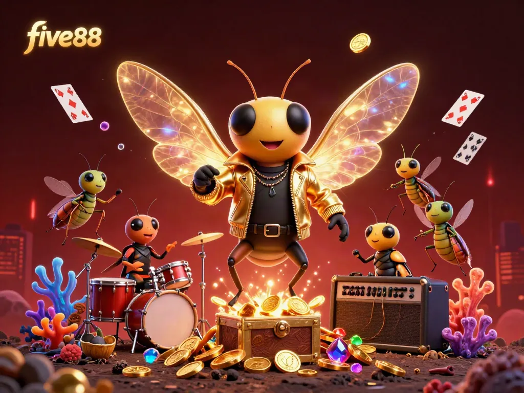 Experience the excitement with five88 as a cartoon rock star performs amidst coins and cards.
