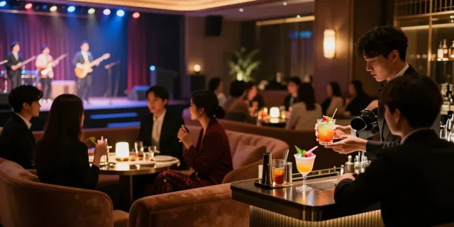 강남세이렌 쩜오에서 고급스러운 분위기 속에서 즐기는 손님들과 칵테일을 만드는 바텐더