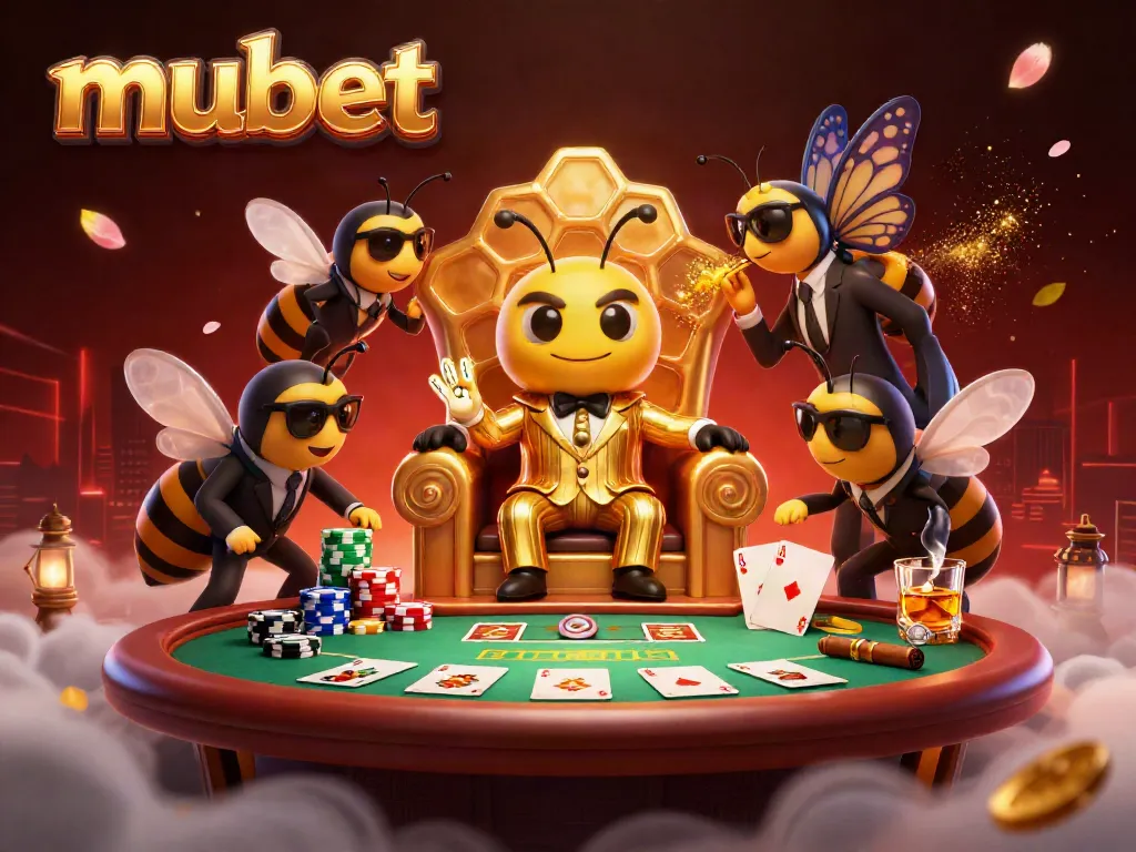 mubet featuring a cartoon mob boss surrounded by poker elements, showcasing a vibrant casino atmosphere