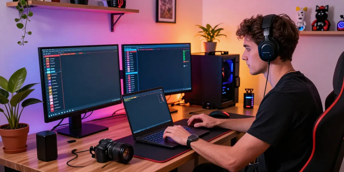 A gamer navigating a bro138 link on a laptop in a stylish home office, showcasing vibrant digital gaming atmosphere.