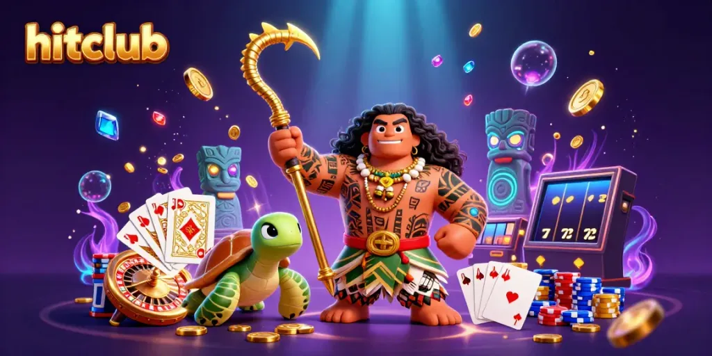 Engage in thrilling gaming adventures at hitclub with a vibrant 3D illustration showcasing a demigod and casino icons.