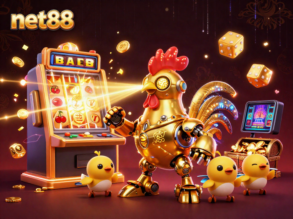 Engage with net88's vibrant casino gaming landscape through a dynamic 3D illustration showcasing excitement and winning