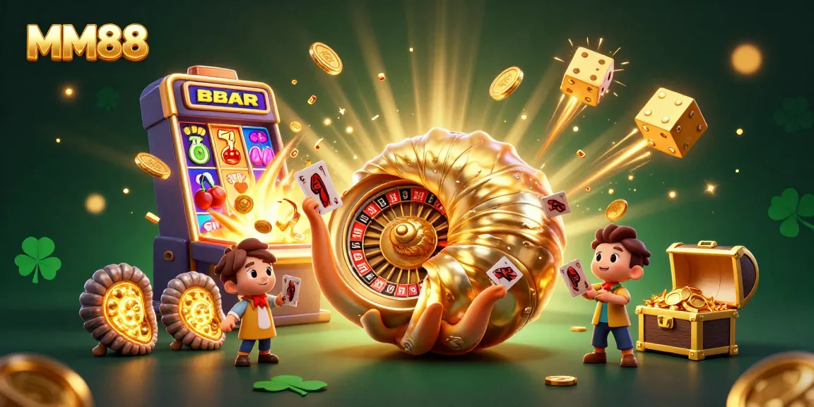 Join the excitement at MM88 with vibrant casino elements featuring a golden nautilus and jackpot wins!