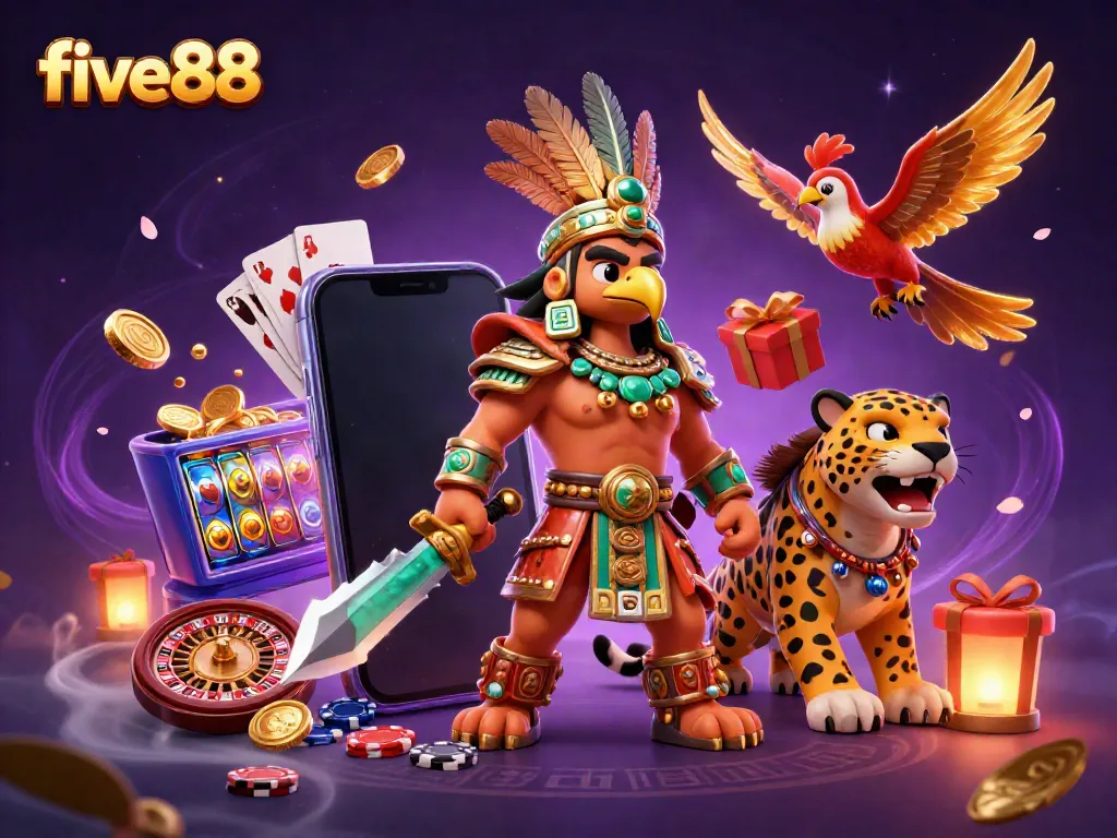 Play slot games with five88 featuring an Aztec warrior, jaguar, and colorful symbols for excitement.