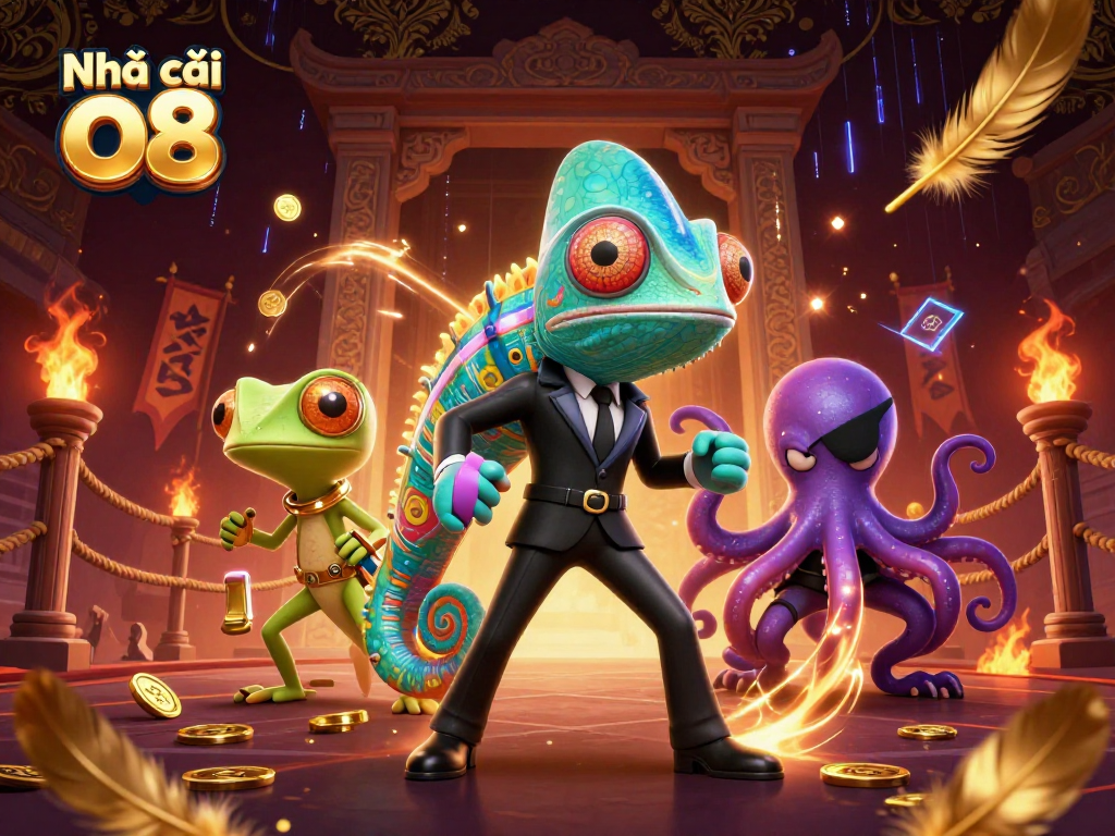 Experience exciting gameplay at Nhà cái o8 with a thrilling 3D illustrated atmosphere full of adventure and casino elements.