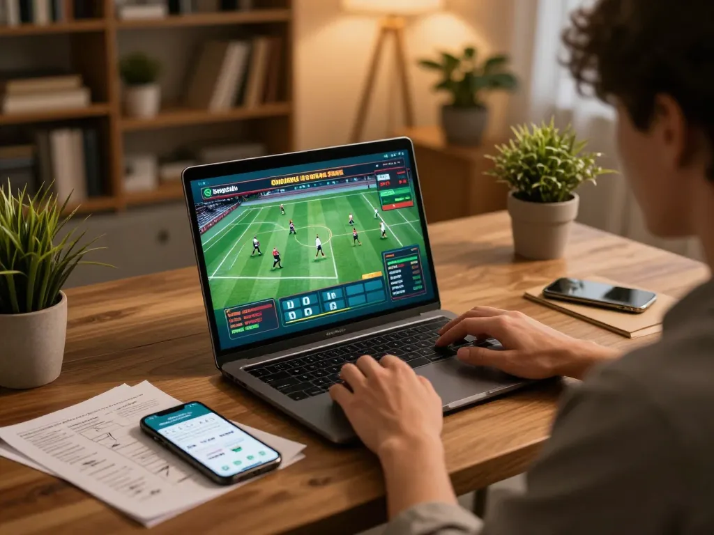Bongdallu user analyzing betting strategies with laptop and smartphone in cozy home setup