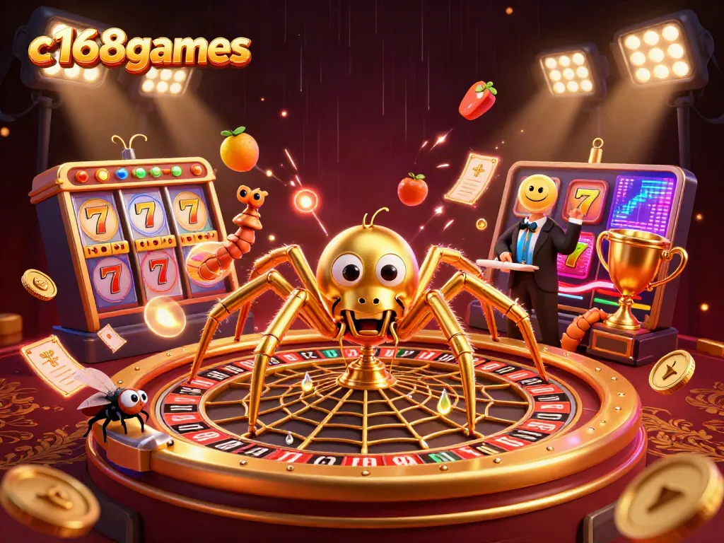 c168games captures an exciting casino scene with a golden spider and dynamic slot elements.