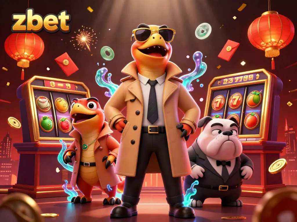 Enter the vibrant zbet casino where raptors in a trench coat cleverly attempt to blend in, surrounded by golden floating game elements.