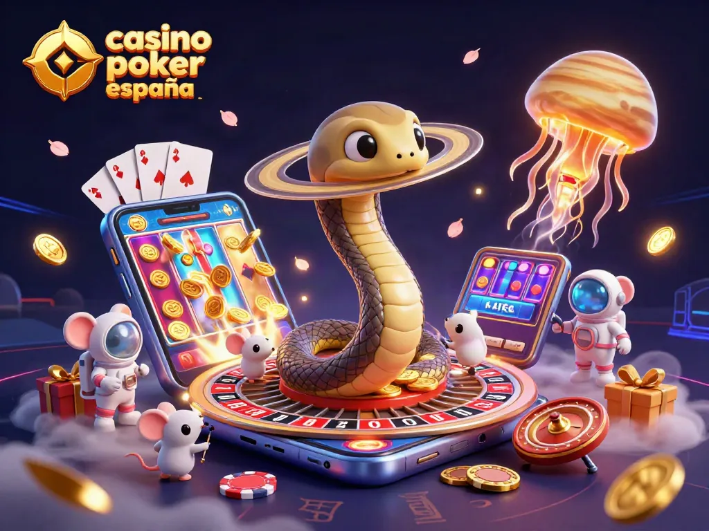 Disfruta del casino poker online España con esta ilustración de póker cósmico y cómicos astronautas.