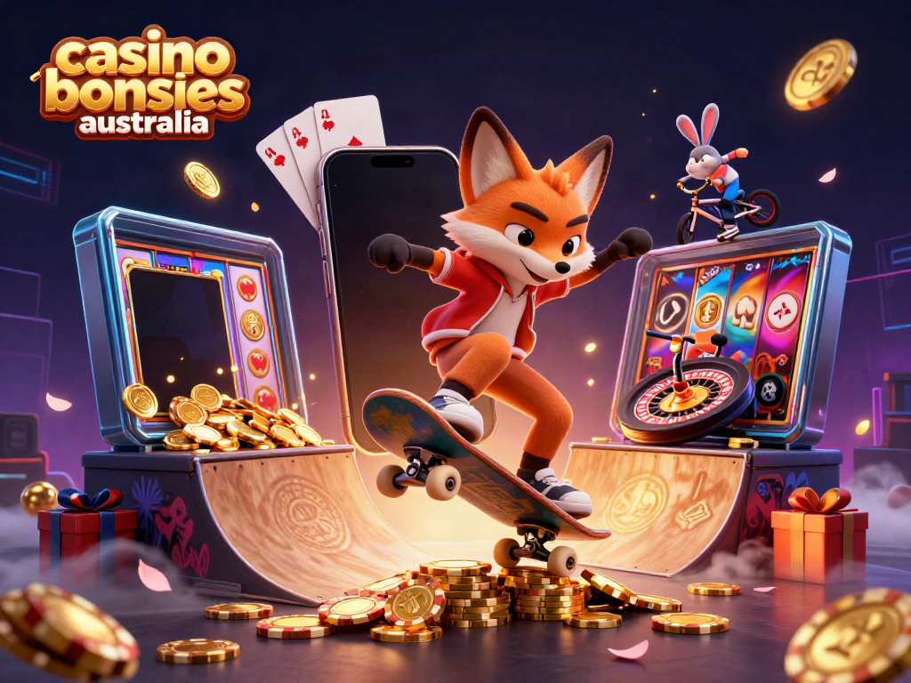 Engage with exciting casino bonuses australia as a fox performs tricks on golden poker chips.