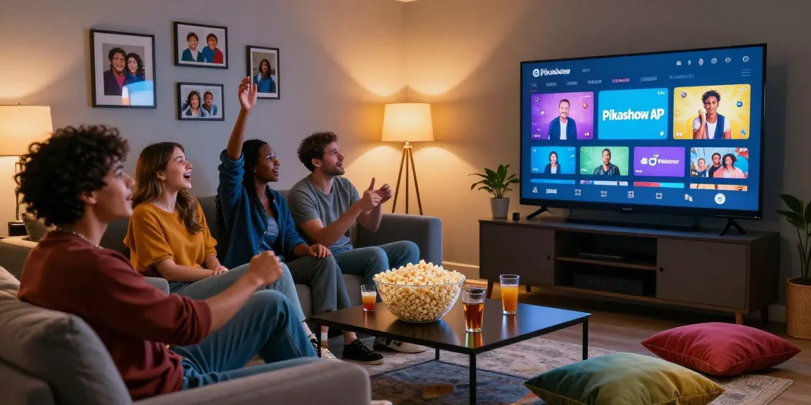 Friends enjoying movie night using Pikashow APK in cozy living room with popcorn and drinks.