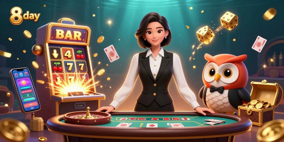 Experience online gambling excitement at 8 day with an elegant dealer scene surrounded by dynamic casino elements.
