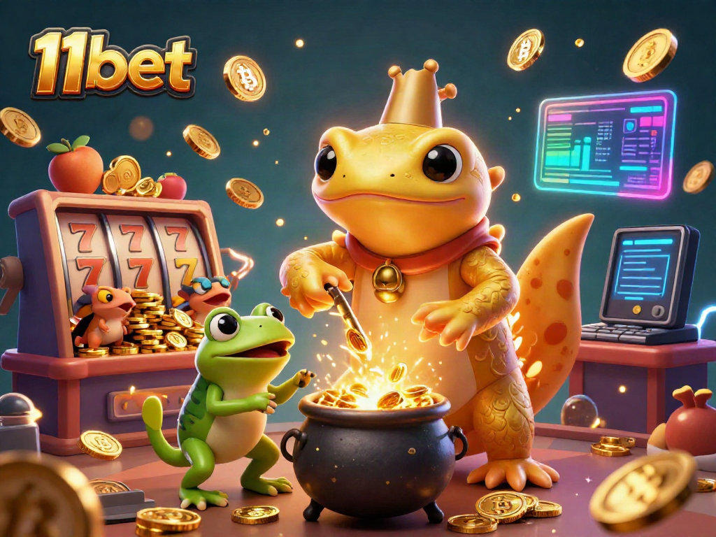 Experience the magic of 11bet with a golden salamander in a bustling casino scene filled with vibrant gaming elements.