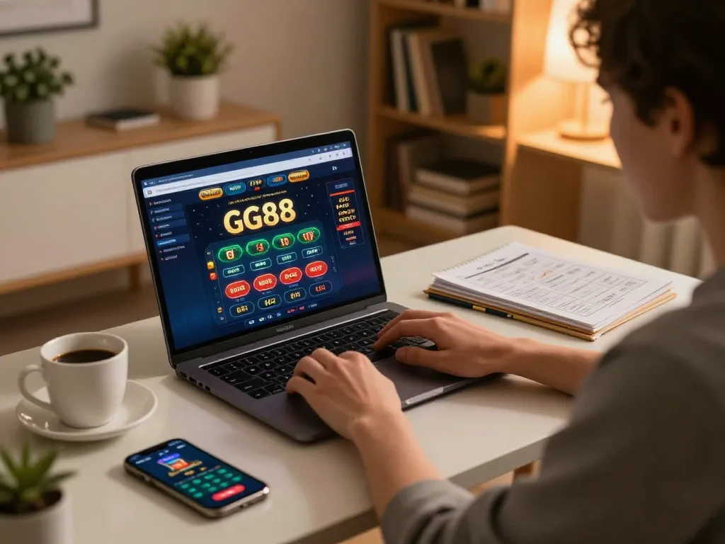 GG88 user placing bets online in a cozy home office setup, showcasing a laptop and strategy notes.