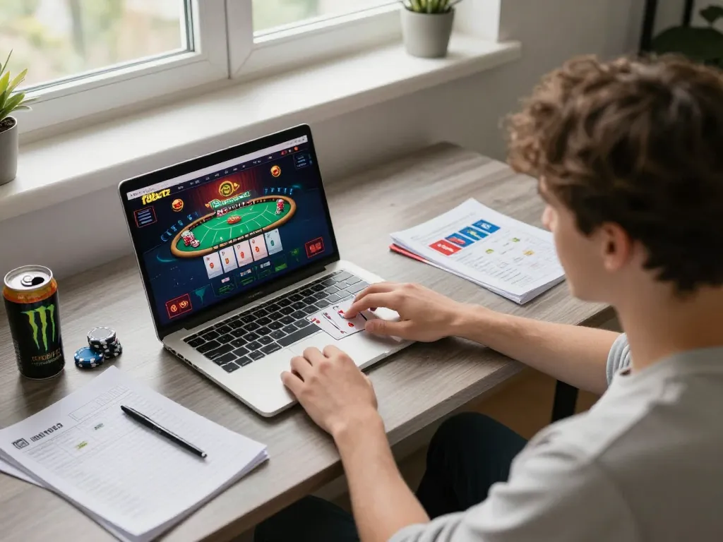 Player interacting with f8betz casino online, focusing on poker gameplay in a cozy home setting.