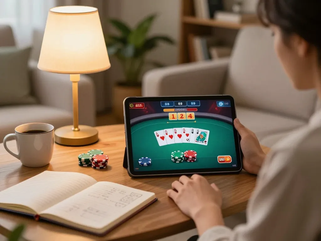 Player enjoying an engaging xx88 poker game on tablet in a cozy home setting.