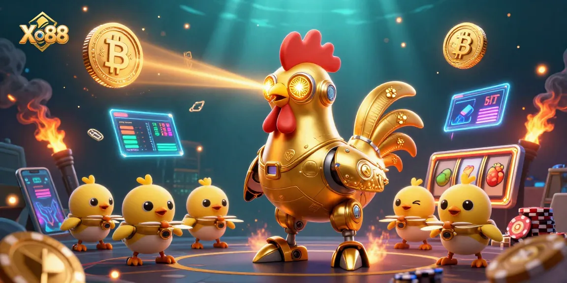 Xo88 unleashes adrenaline with a golden rooster robot surrounded by crypto coins, slot reels, and vibrant gaming elements.