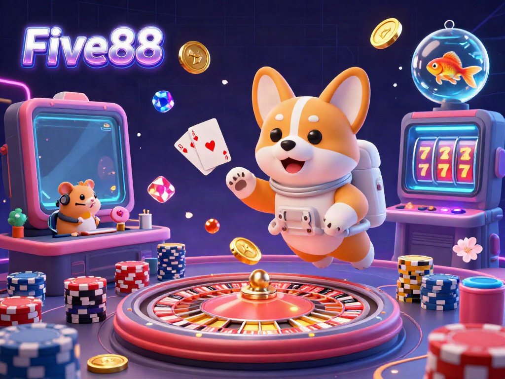 Experience thrilling moments at Five88 with a cartoon astronaut corgi amid vibrant casino games.