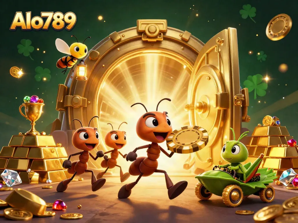 Alo789 showcases ants in a heist carrying a giant poker chip in a dazzling casino scene filled with treasures.