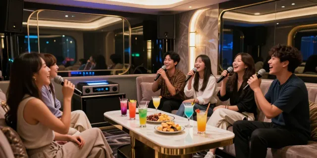강남 세이렌에서 친구들과 즐거운 시간을 보내는 모습, 고급스러운 분위기와 멋진 음료가 특징입니다.