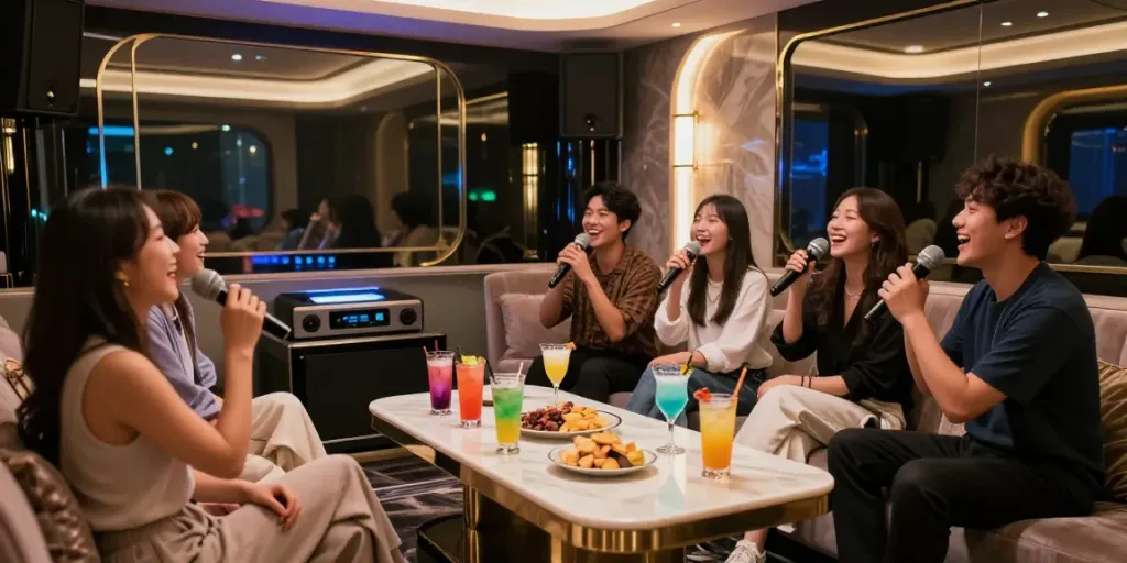 강남 세이렌에서 친구들과 즐거운 시간을 보내는 모습, 고급스러운 분위기와 멋진 음료가 특징입니다.