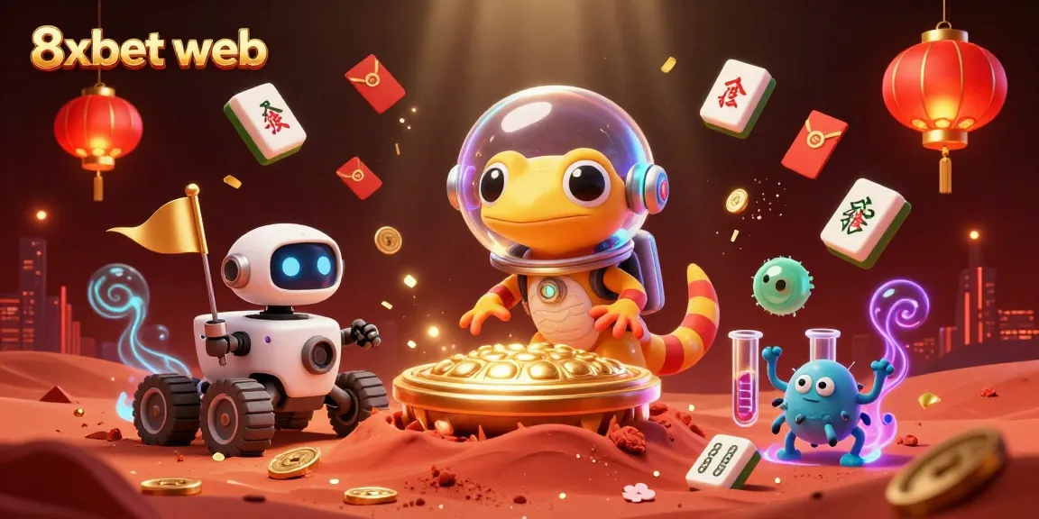 Engage with the 8xbet web adventure, showcasing a Martian gecko uncovering a golden casino.