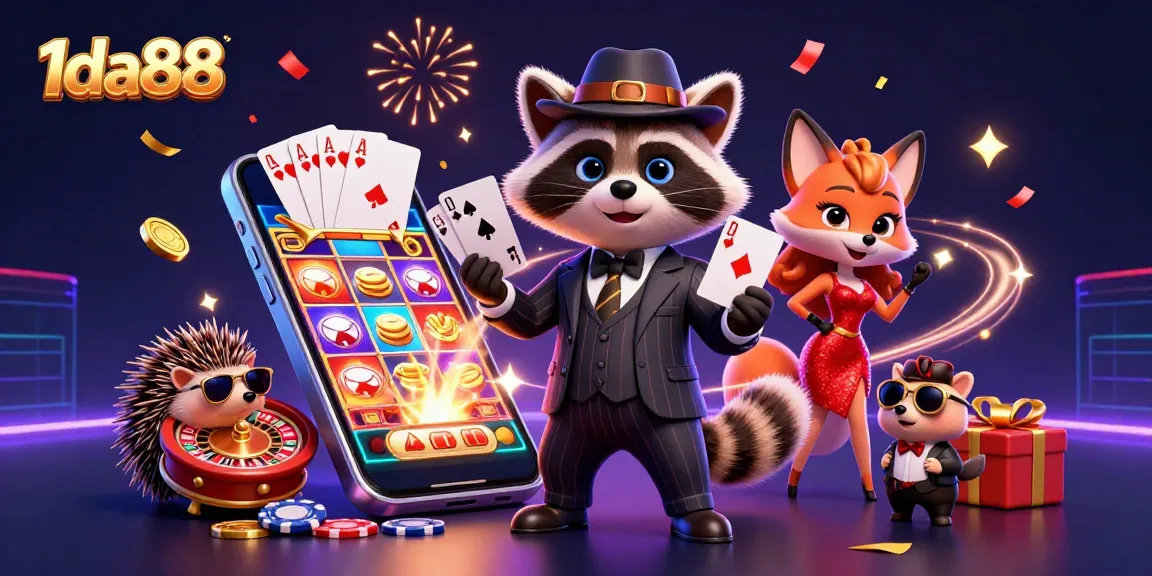 Experience thrilling action with 1da88 as a raccoon and companions celebrate winning hands in this vibrant casino scene.