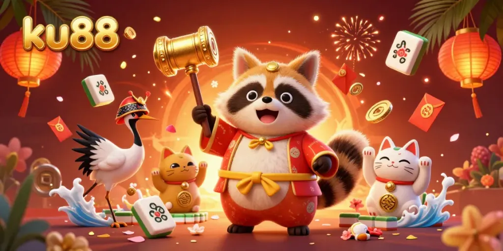Experience exciting gambling with ku88's vibrant jackpot scene featuring lucky symbols and festive characters.
