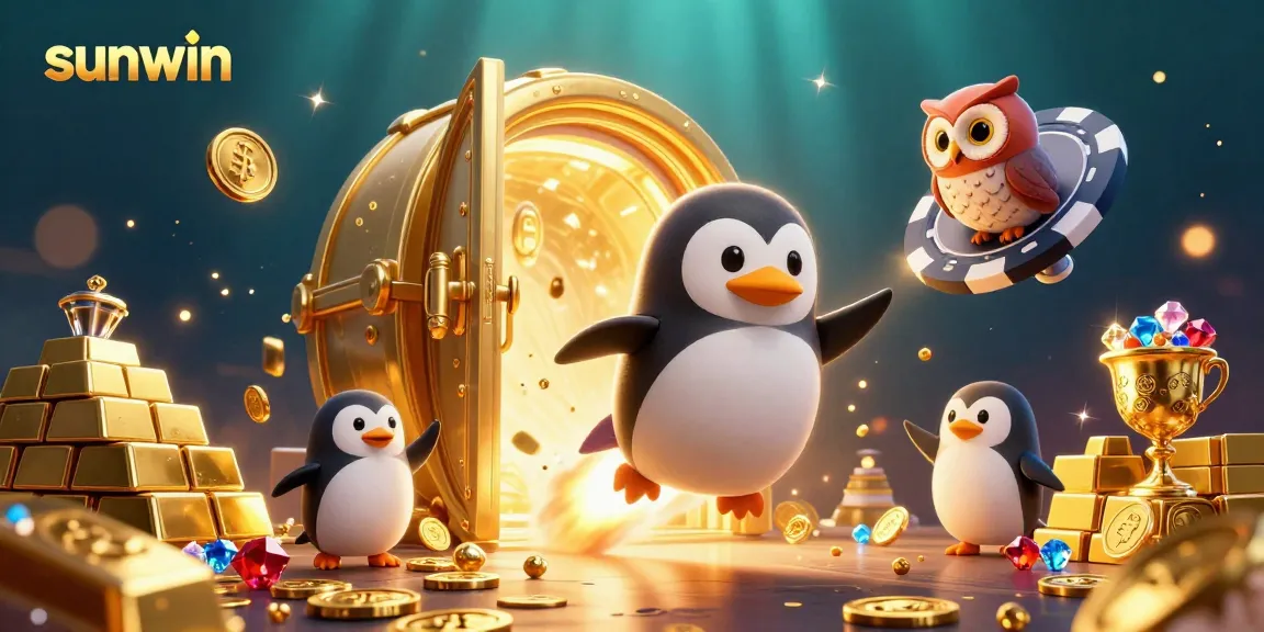 Spin and win with Sunwin's vibrant gaming adventure featuring a golden penguin and treasure.