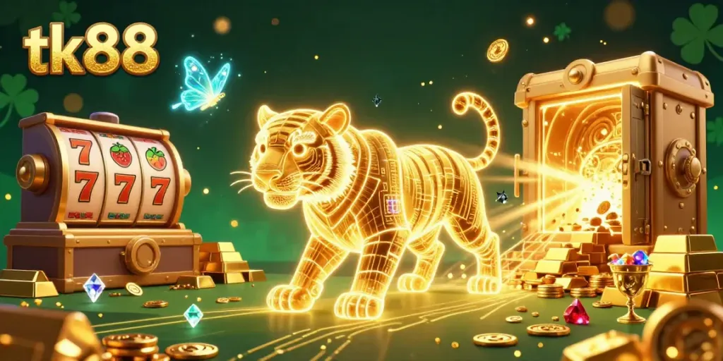 Engage in thrilling slots action at tk88 with vibrant neon visuals and gold treasures in a digital casino.