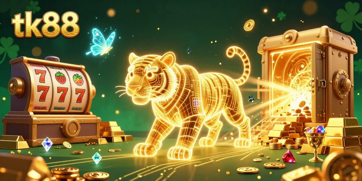 Engage in thrilling slots action at tk88 with vibrant neon visuals and gold treasures in a digital casino.