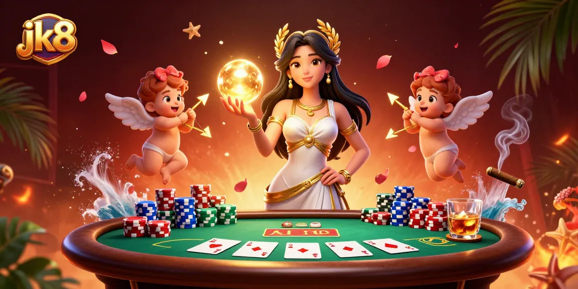 Experience the excitement of jk8 with vibrant casino scenes featuring a goddess and cherubs revealing the thrill of gaming.