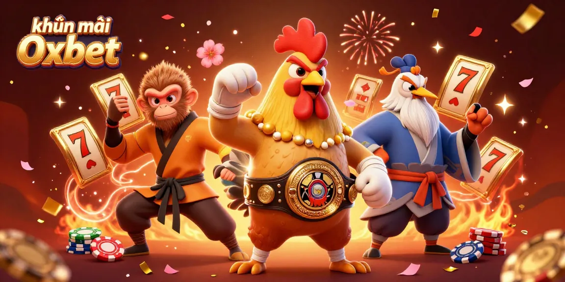 Capture the thrill of khuyến mãi Oxbet with vibrant casino animations featuring a rooster and monkey.